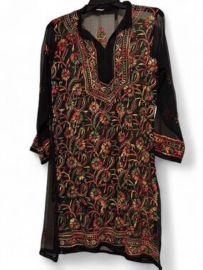 Black Floral Embroidered V-Neck Tunic Dress